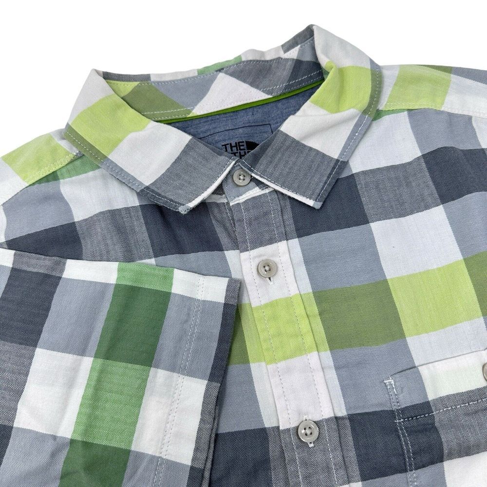 The North Face Short Sleeve Blue‎ Lime Plaid Cotton Blend Button Up Shirt Large